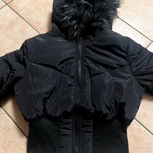 Black Puffer Jacket with Faux Fur Hood